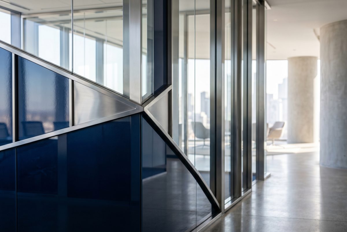 Modern legal technology office interior in navy and blue tones
